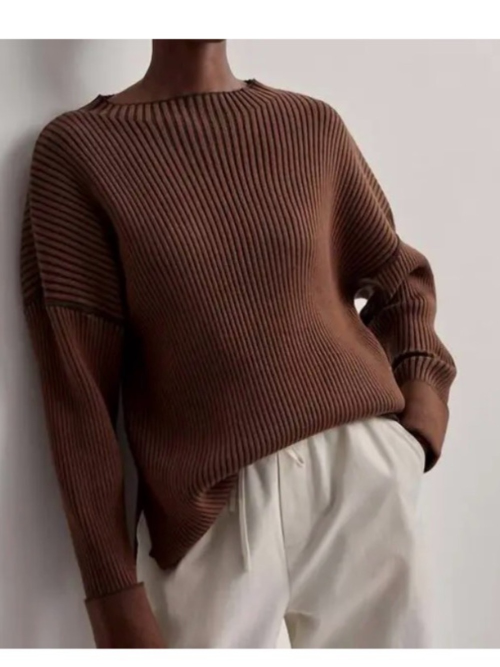 Varley Women’s Emile Ribbed Sweater in Chestnut w/Dark Brown Contrast Stitching